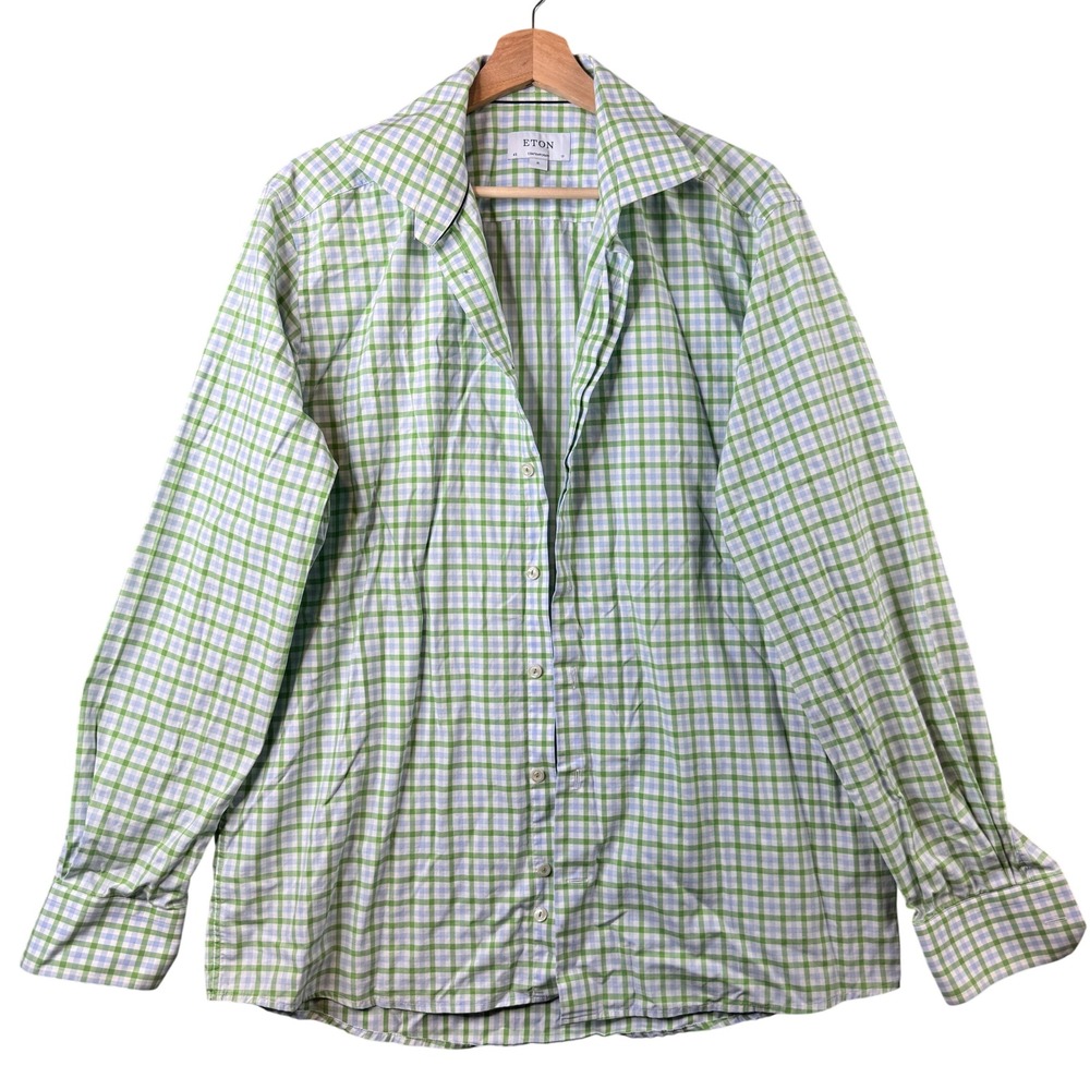 Eton Contemporary XL 17 Mens Green Blue Gingham Check Cotton Button Down Shirt